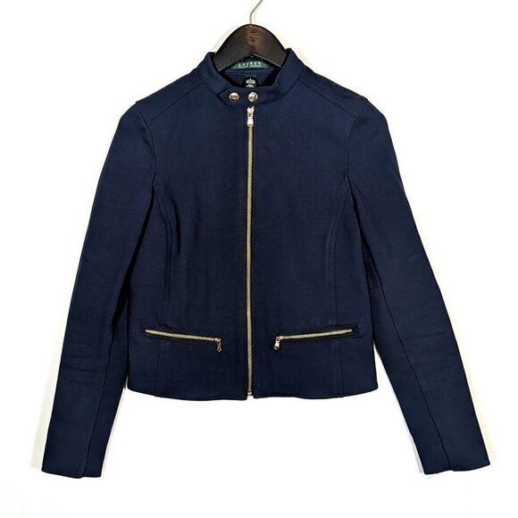 LRL Ralph Lauren Sz 4 Navy Full Zip Military Crop Coat Stretch Jacket Equestrian - Picture 1 of 9